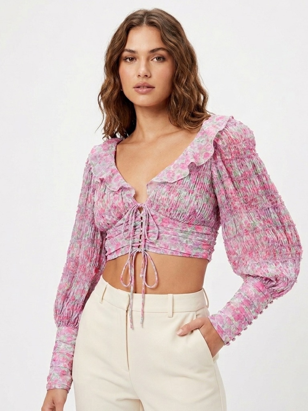 For Love & Lemons Saylor Blouse Ruched Puff Sleeve Floral Pink S